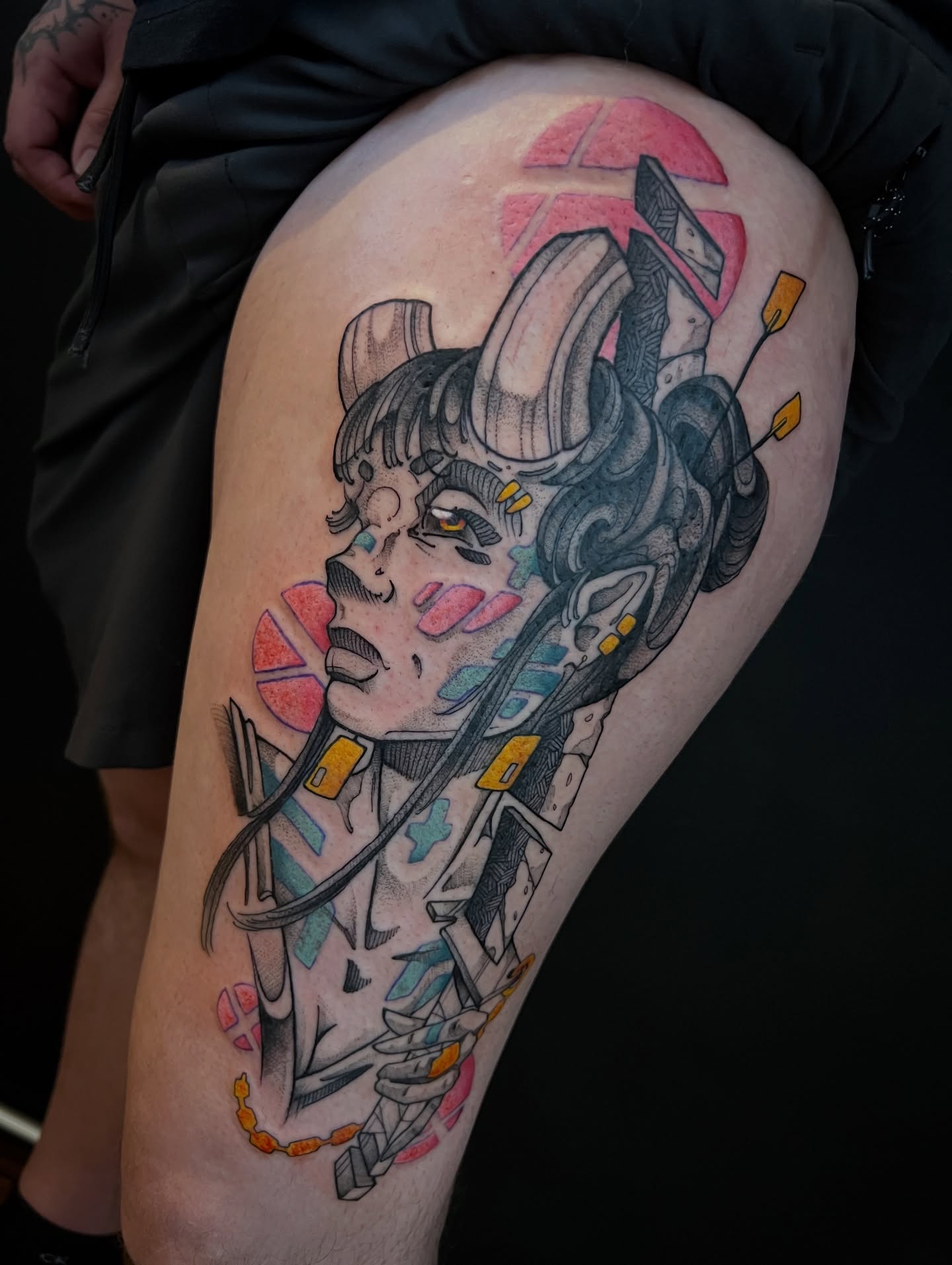 Anime character anime tattoo on the thigh by Owen Smith -OEOS- SF