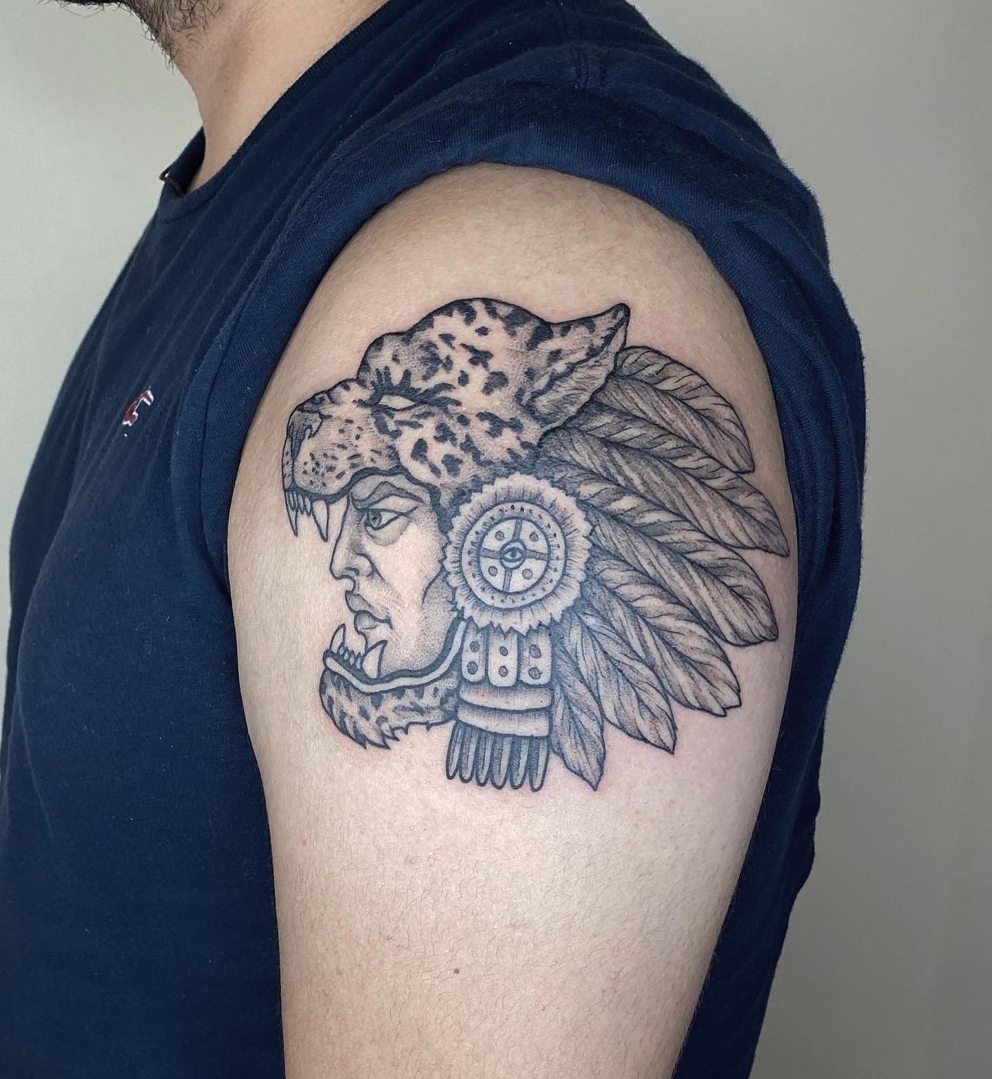 Indian chief black and grey tattoo on the shoulder by Carmen Figueroa, New York, New York