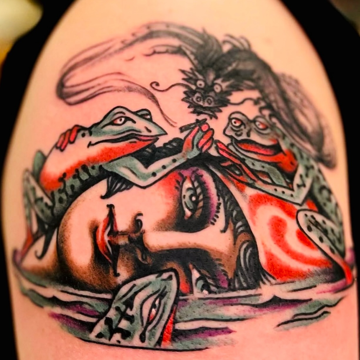 Mythical creatures American traditional tattoo on the shoulder by @brandonhuckabey, Denver, Colorado