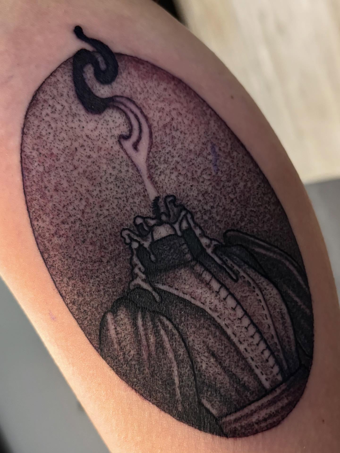 Scarab beetle dotwork tattoo on the forearm by Tara, Exeter, Pennsylvania