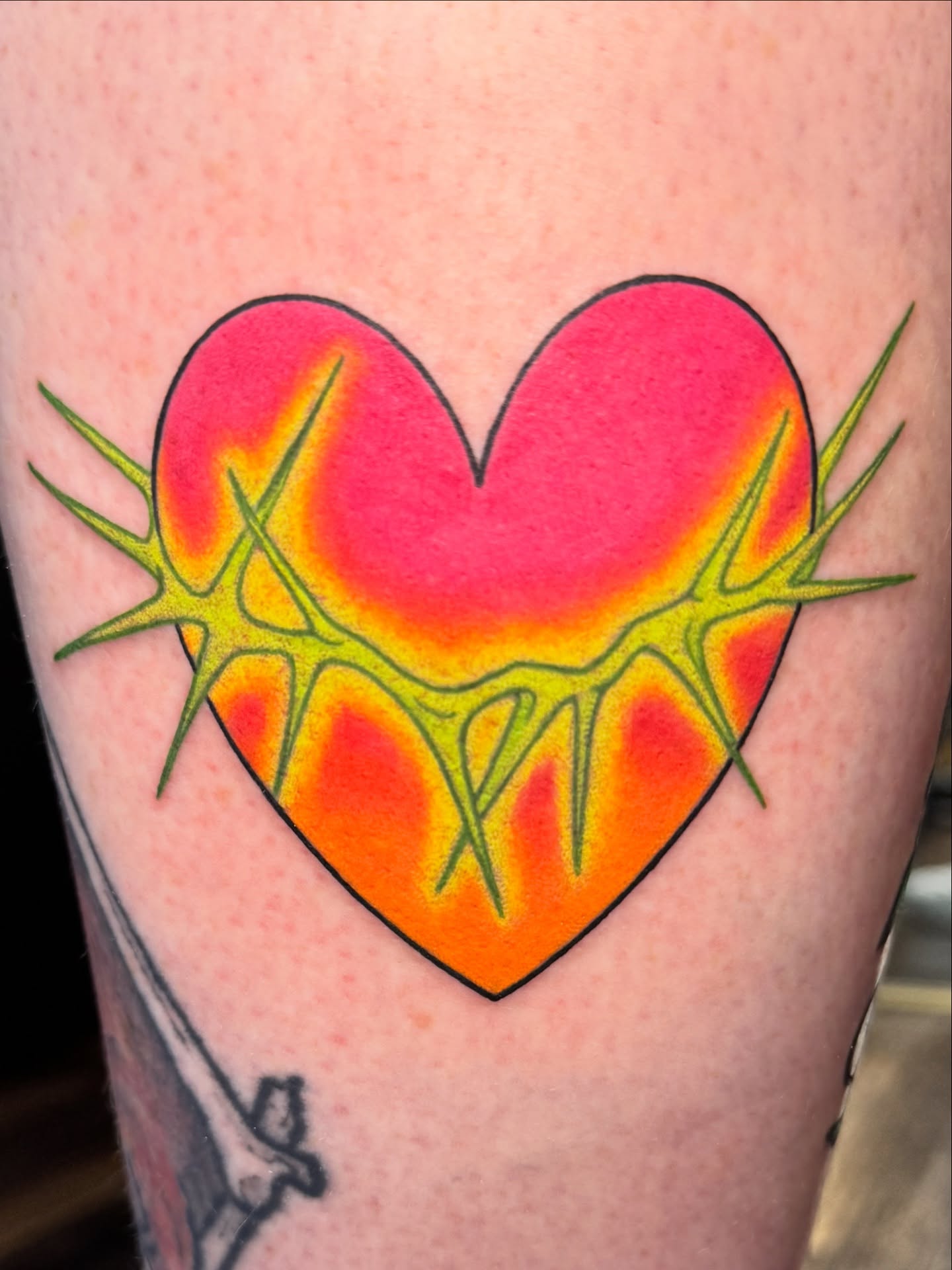 Heart with thorns American traditional tattoo on the forearm by Chelsea Youngblood, Seattle, Washington
