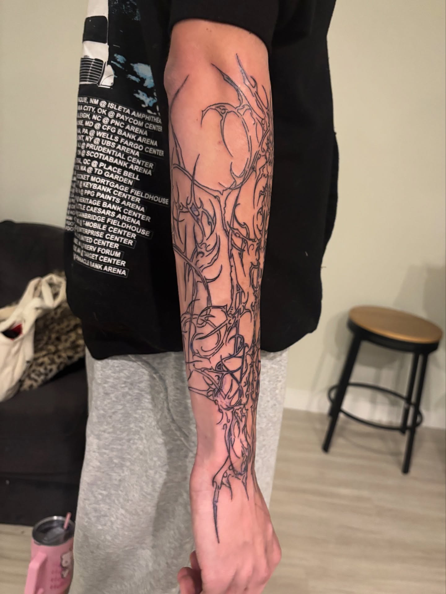 Abstract tree black and grey tattoo on the forearm by @miffythereaper