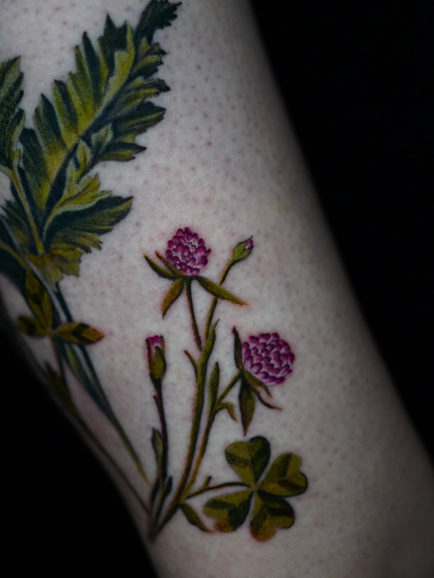 Clover and flowers realism tattoo on the forearm by Shar - Utah Tattoo Artist