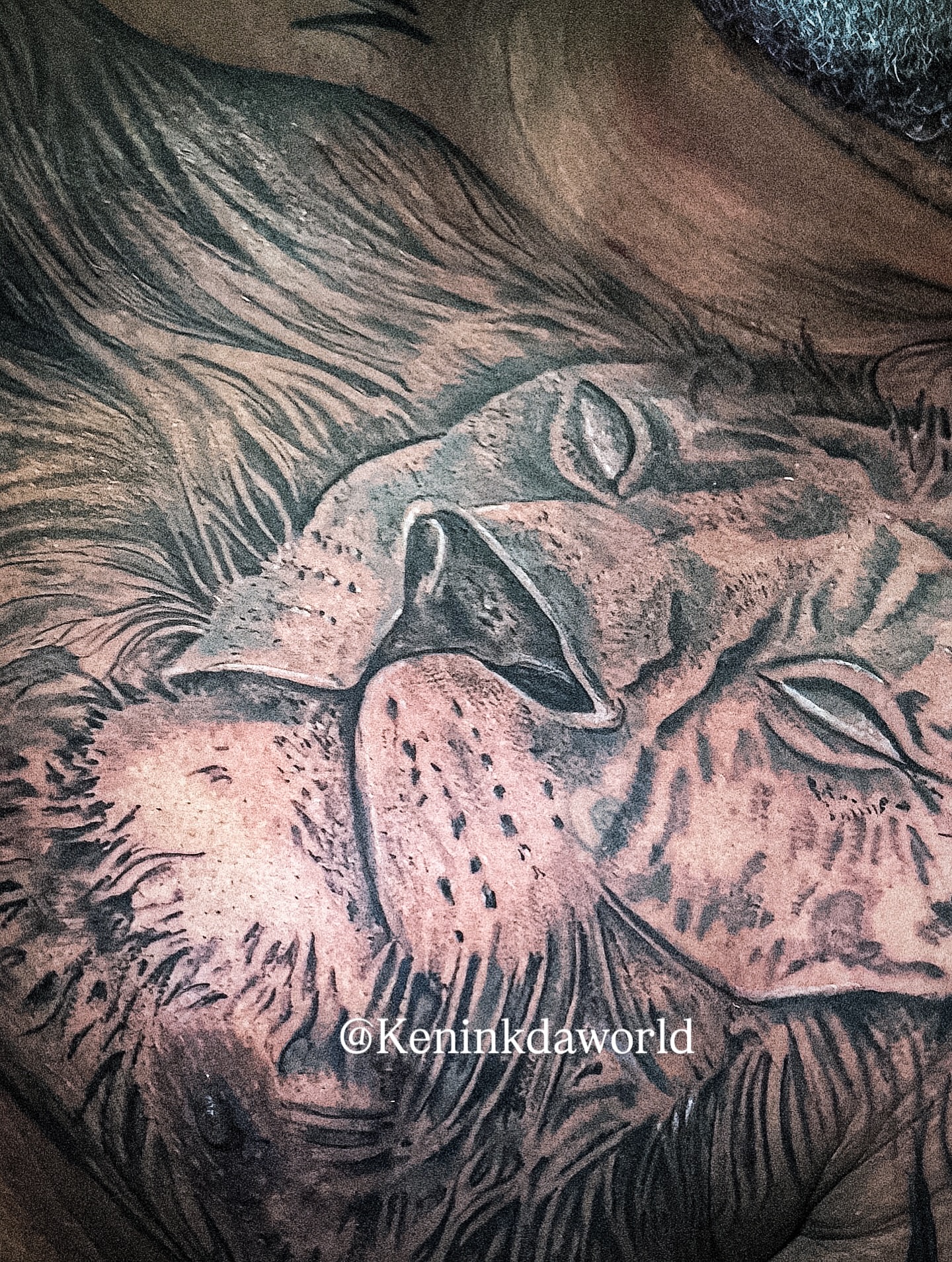Lion realism tattoo on the chest by Ken West