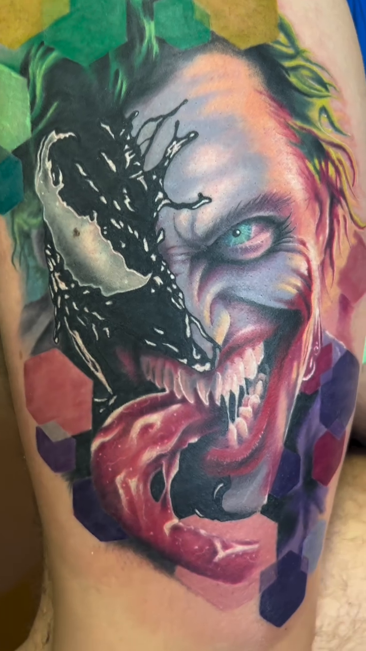 Joker and Venom mashup realism tattoo by Zack Havoc