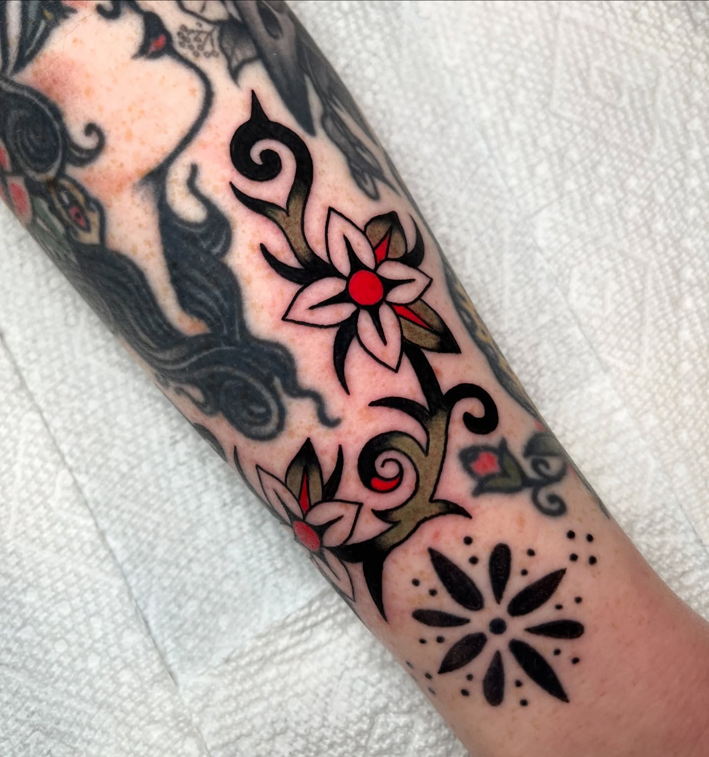 Tattoo by @katierosetattoos — american_traditional, dotwork