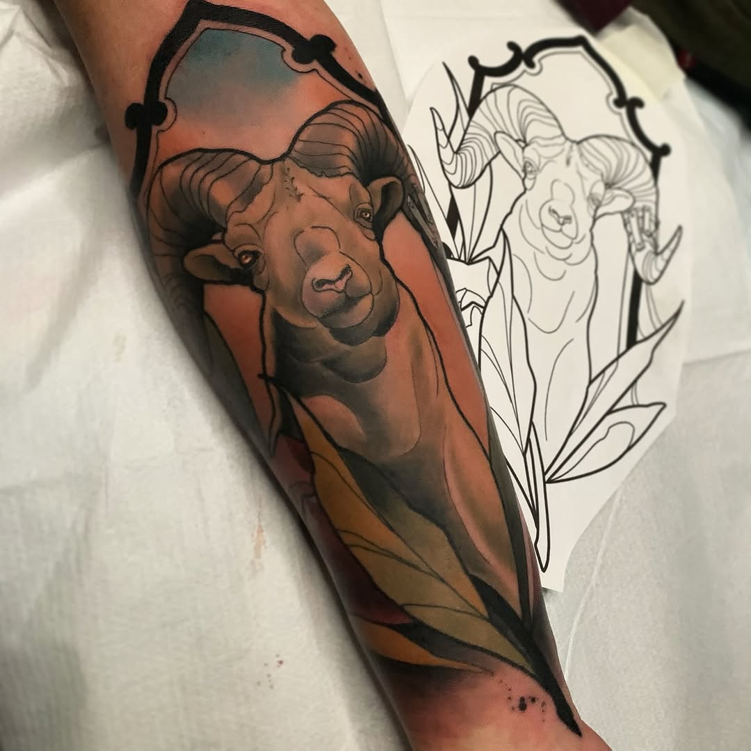 Ram portrait neo-traditional tattoo on the forearm by Brandon Michael
