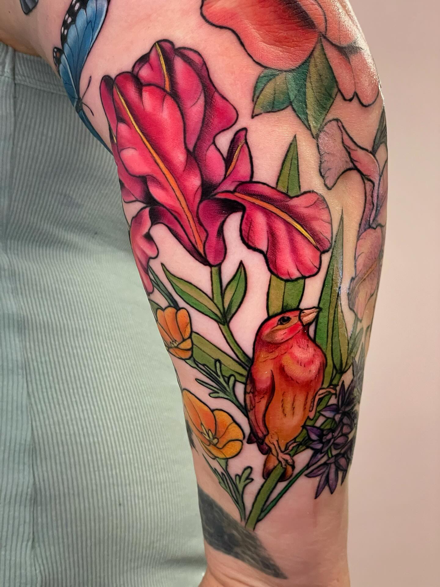Bird and flowers realism tattoo on the forearm by Michelle Pomerantz 🌼 Portland Tattoo Artist
