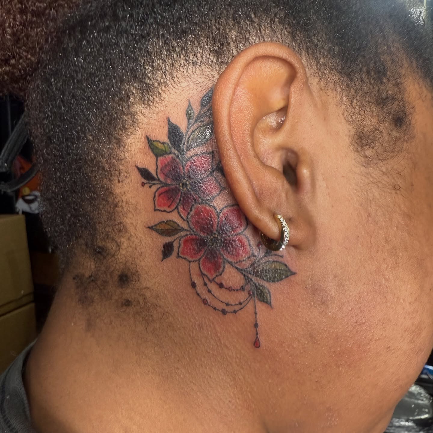 Flower new school tattoo on the neck by Chloe Peters 🦭🦄🏳️‍🌈