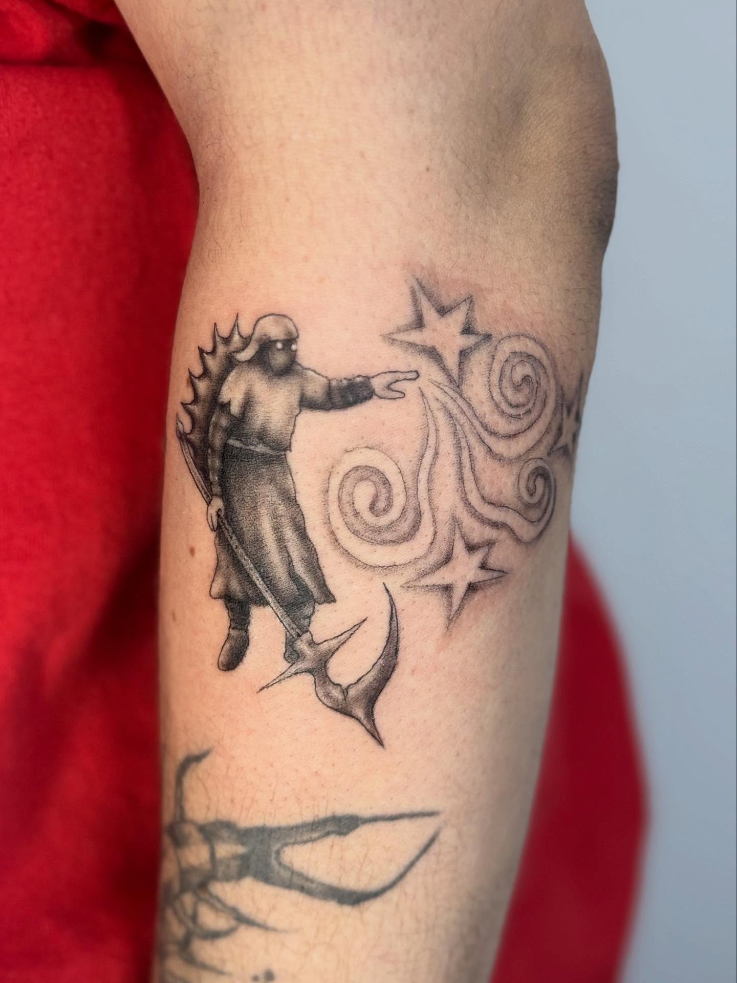 Angel with stars black and grey tattoo on the forearm by @mr.smiley___