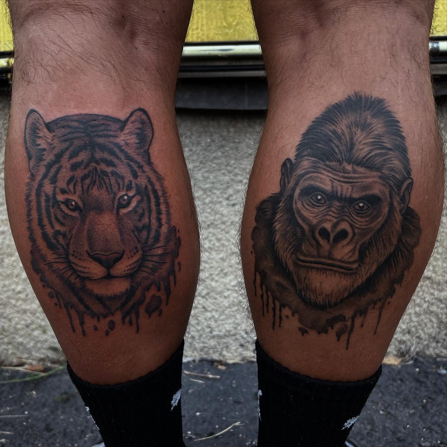 Tiger and gorilla realism tattoo on the leg by Blake Chambers