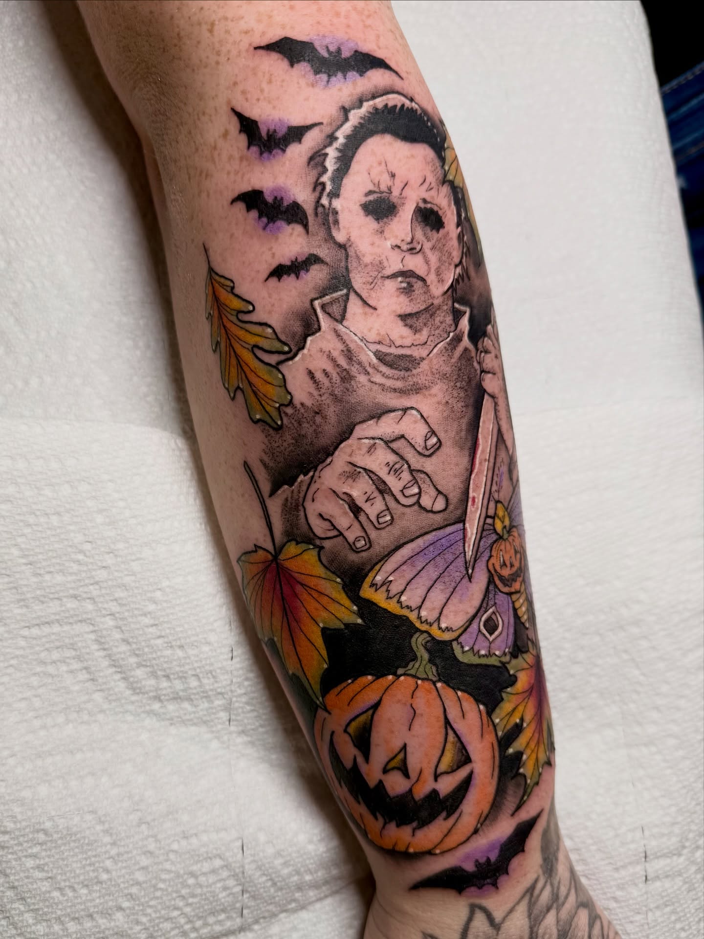 Michael Myers realism tattoo on the forearm by Ashley Laine Evans