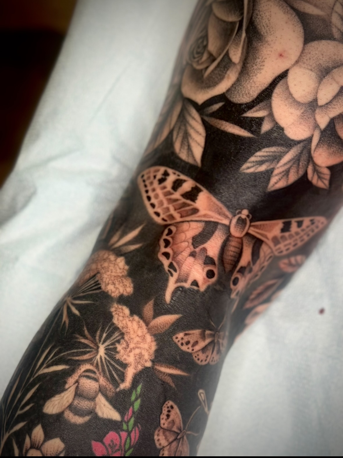 Butterflies and flowers realism tattoo on the forearm by Feliz Manzanedo, Prescott, Arizona