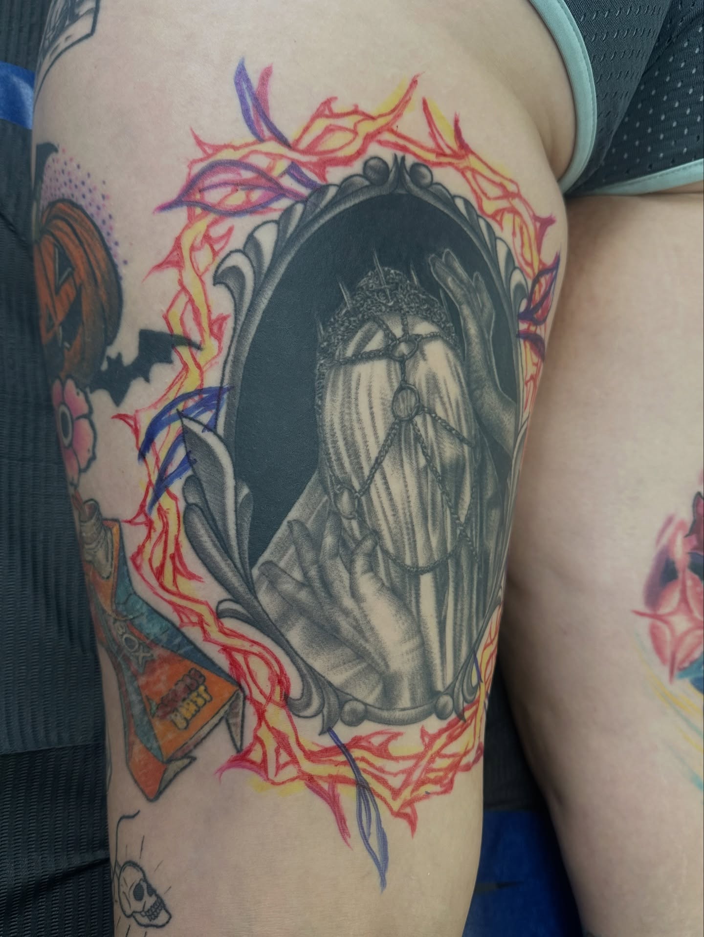 Religious icon black and grey tattoo on the forearm by hannah vertal