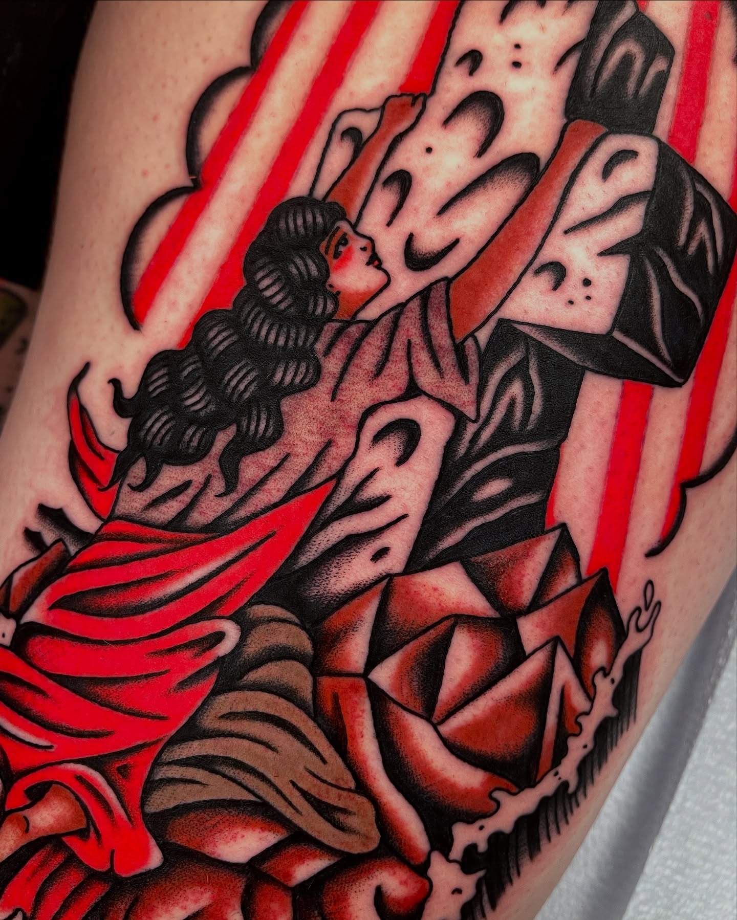 Woman with sword American traditional tattoo on the forearm by Chase Tucker