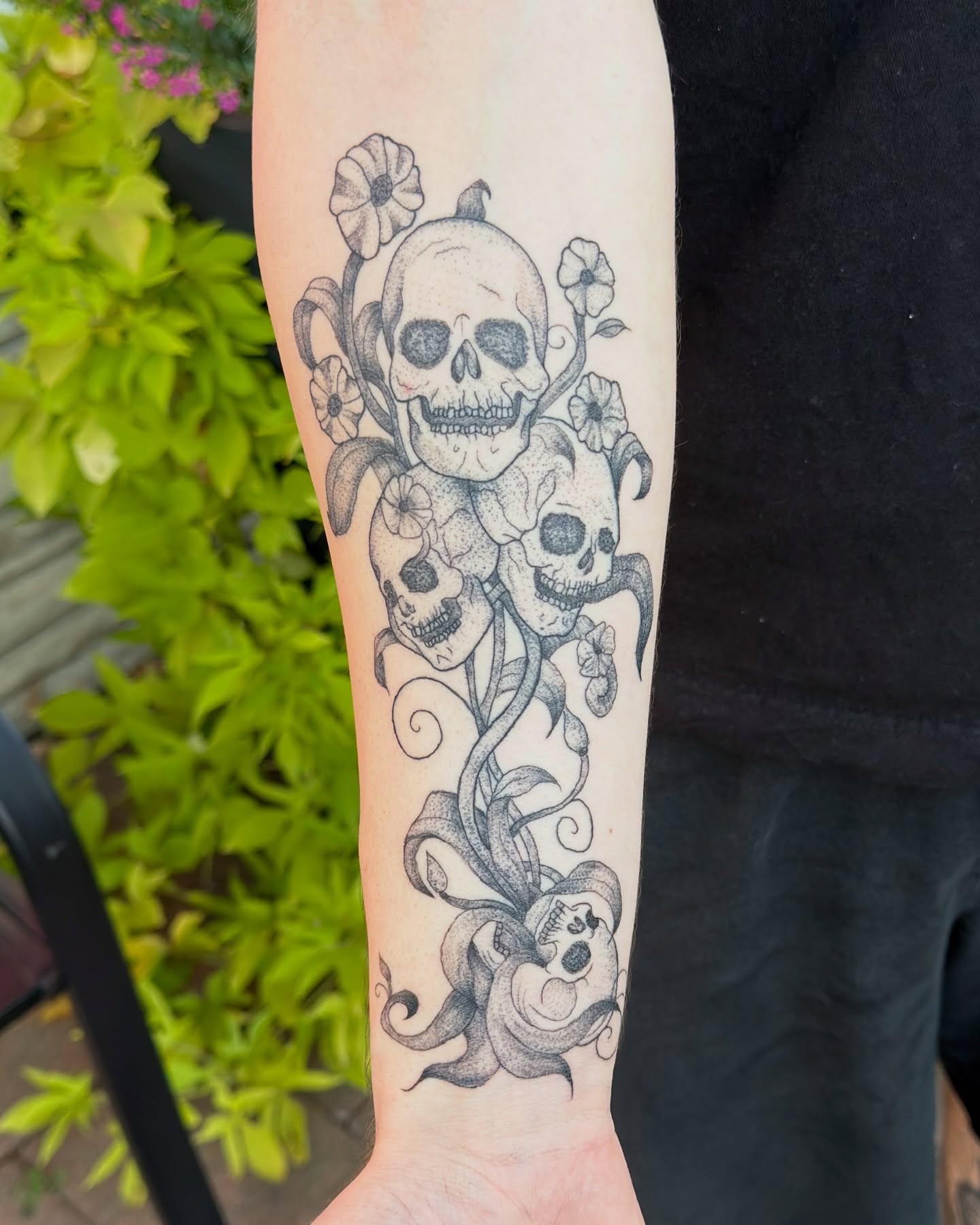 Skulls and flowers dotwork tattoo on the forearm by ollie b ⋆⟡⋆, Dayton, Ohio