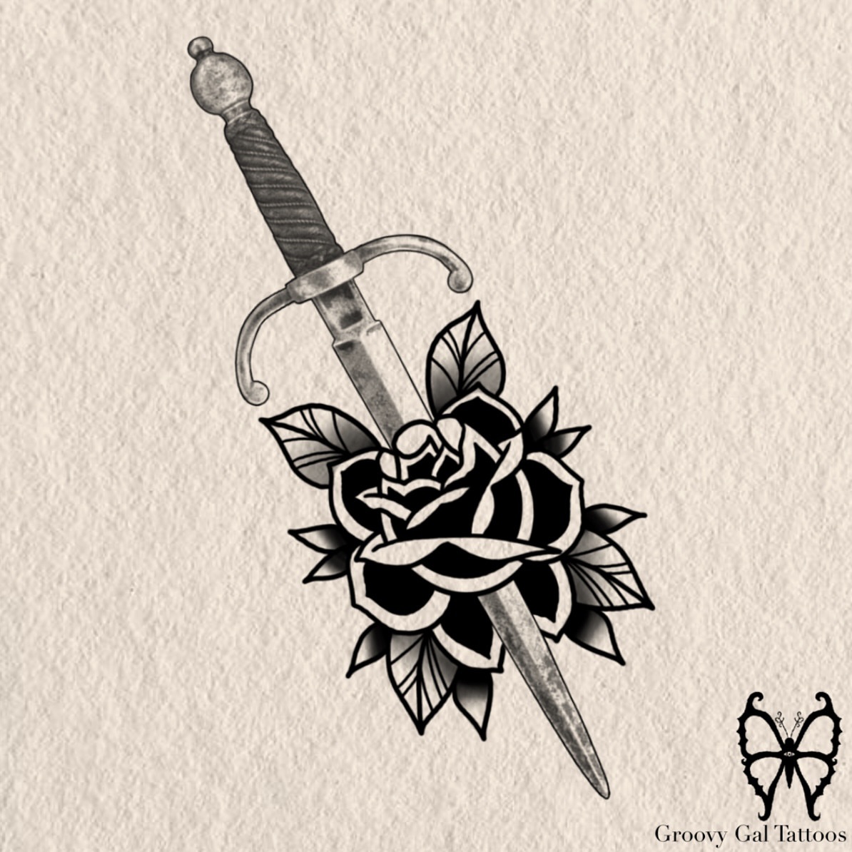 Sword and rose black and grey tattoo by Groovy P