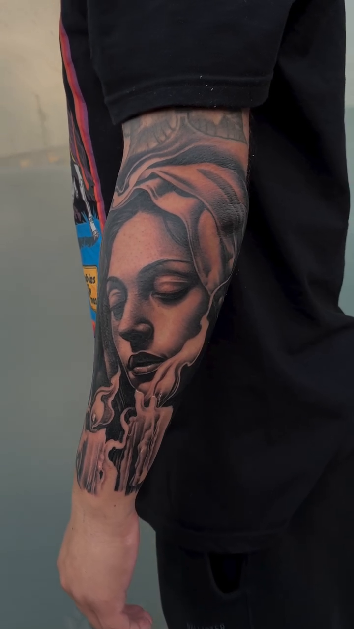 Woman with candles realism tattoo by Antonio Pavić, Los Angeles, California