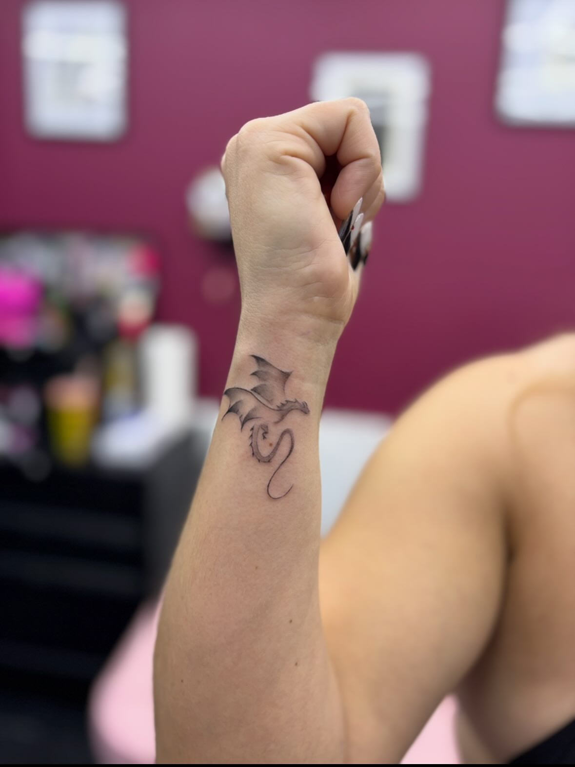 Dragon dotwork tattoo on the forearm by $weet little leslie 🩶🧚🏻‍♀️