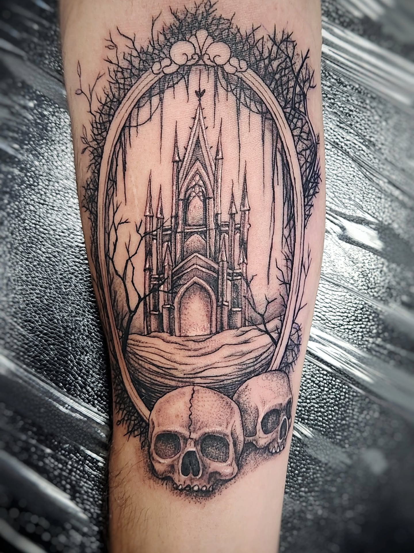 Tattoo by @sacredgemometry — black_and_grey, dark_realism