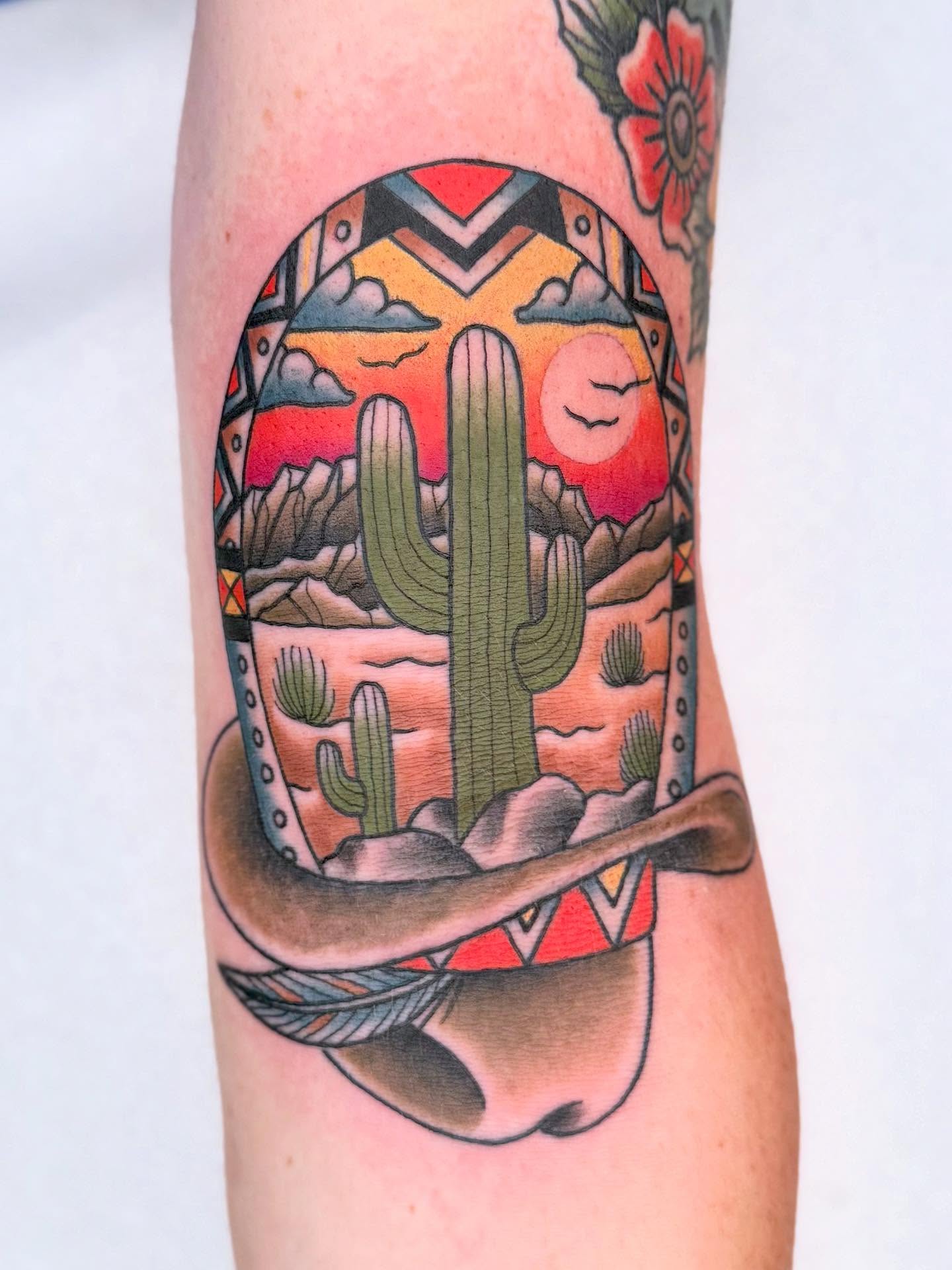 Desert landscape American traditional tattoo on the forearm by Curtis Stairs, Seattle, Washington
