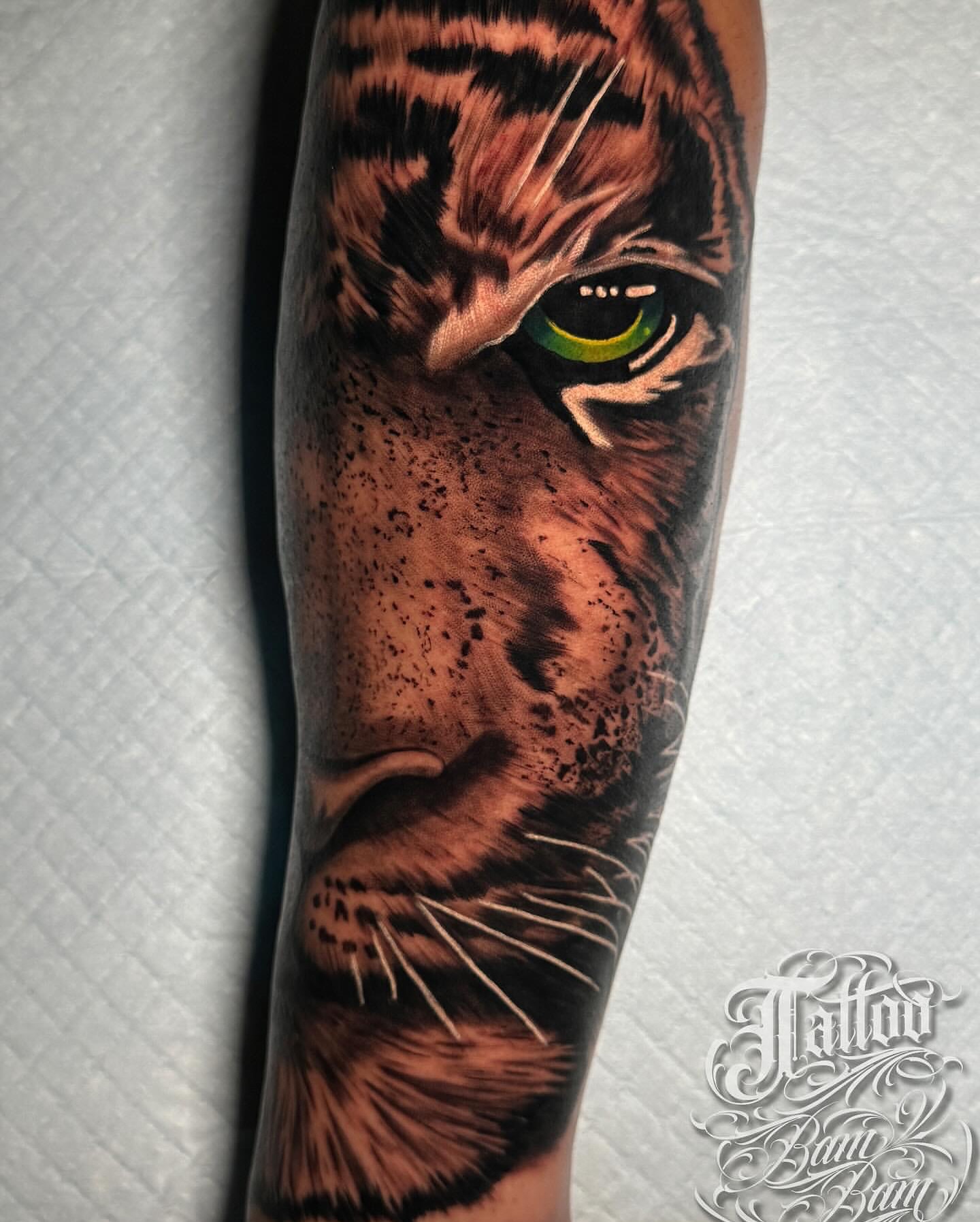 Tiger realism tattoo on the forearm by Tattoo Bam Bam