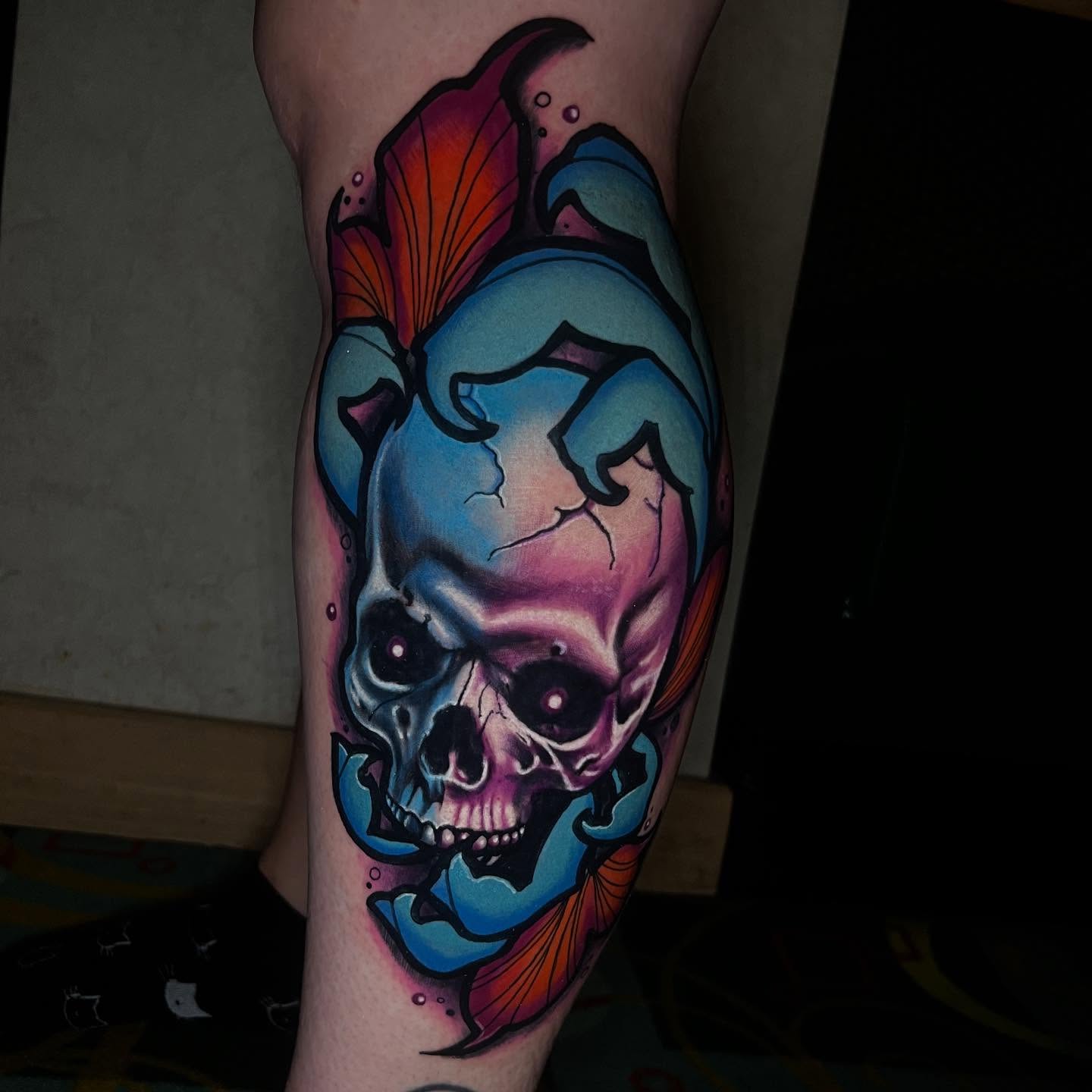 Skull new school tattoo on the calf by 🔥Austin Burke 🔥TATTOO ARTIST