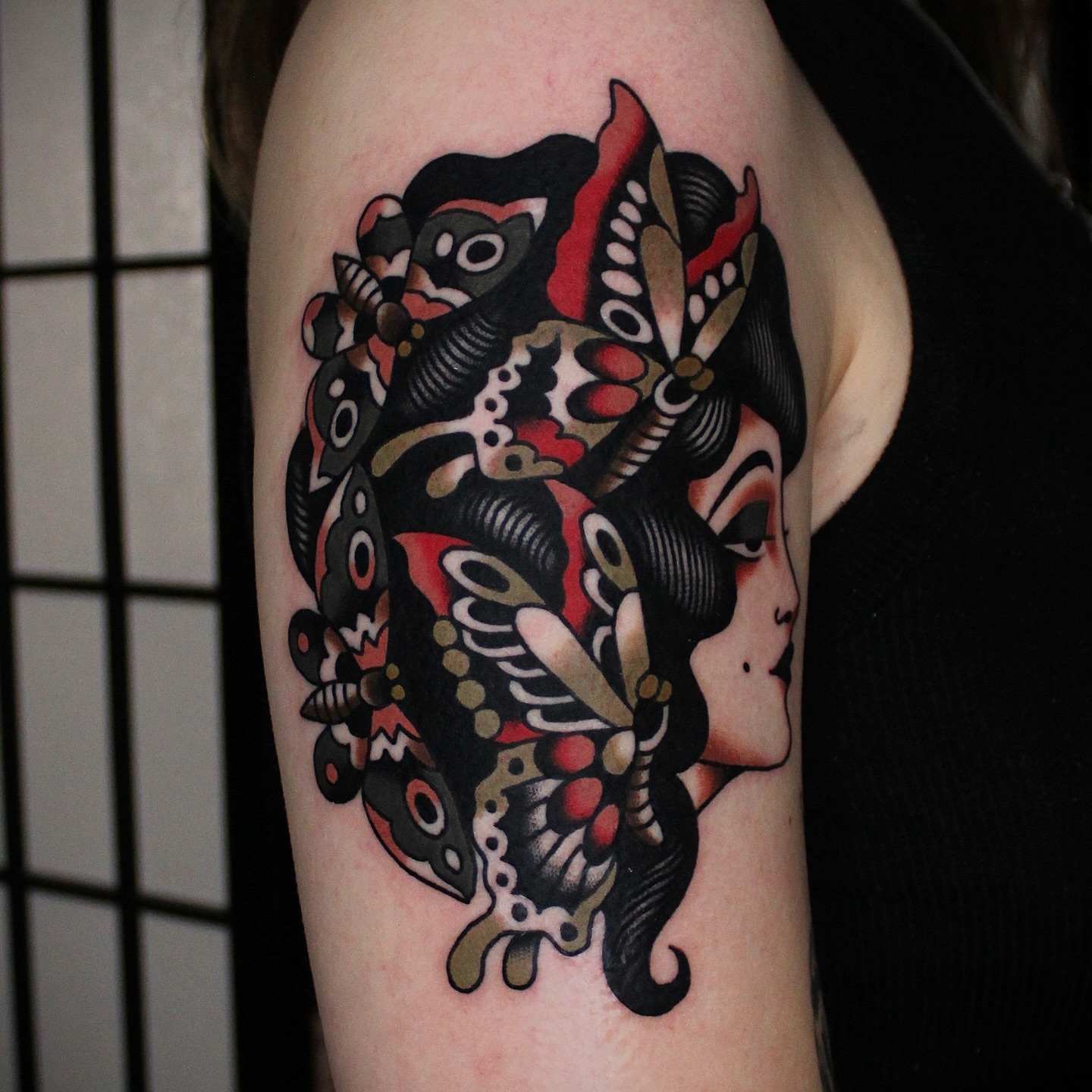 Geisha American traditional tattoo on the forearm by Dustin Stemen, Charlotte, North Carolina