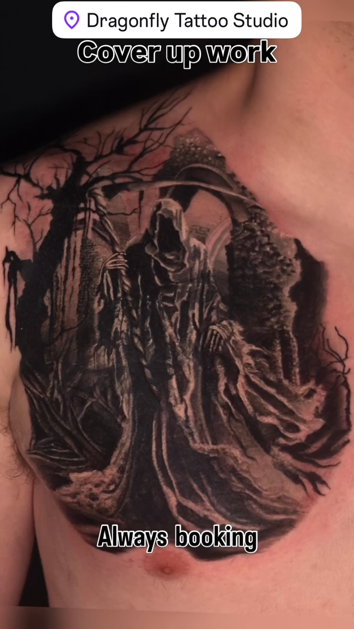 Tattoo by @dragonflytattoostudio — dark_realism, black_and_grey