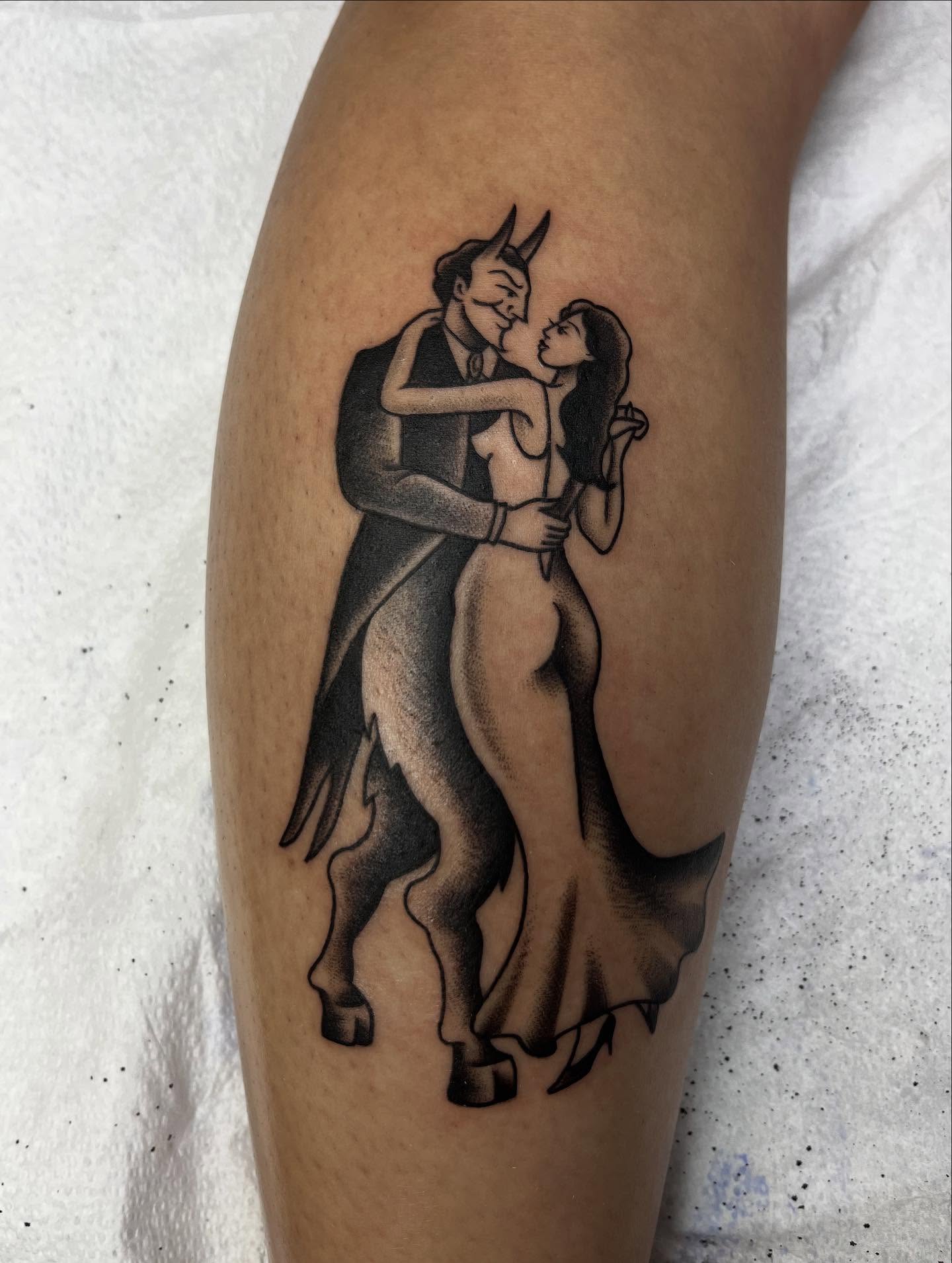 Demon couple black and grey tattoo on the thigh by Ana Valadez π¦, Ventura, California