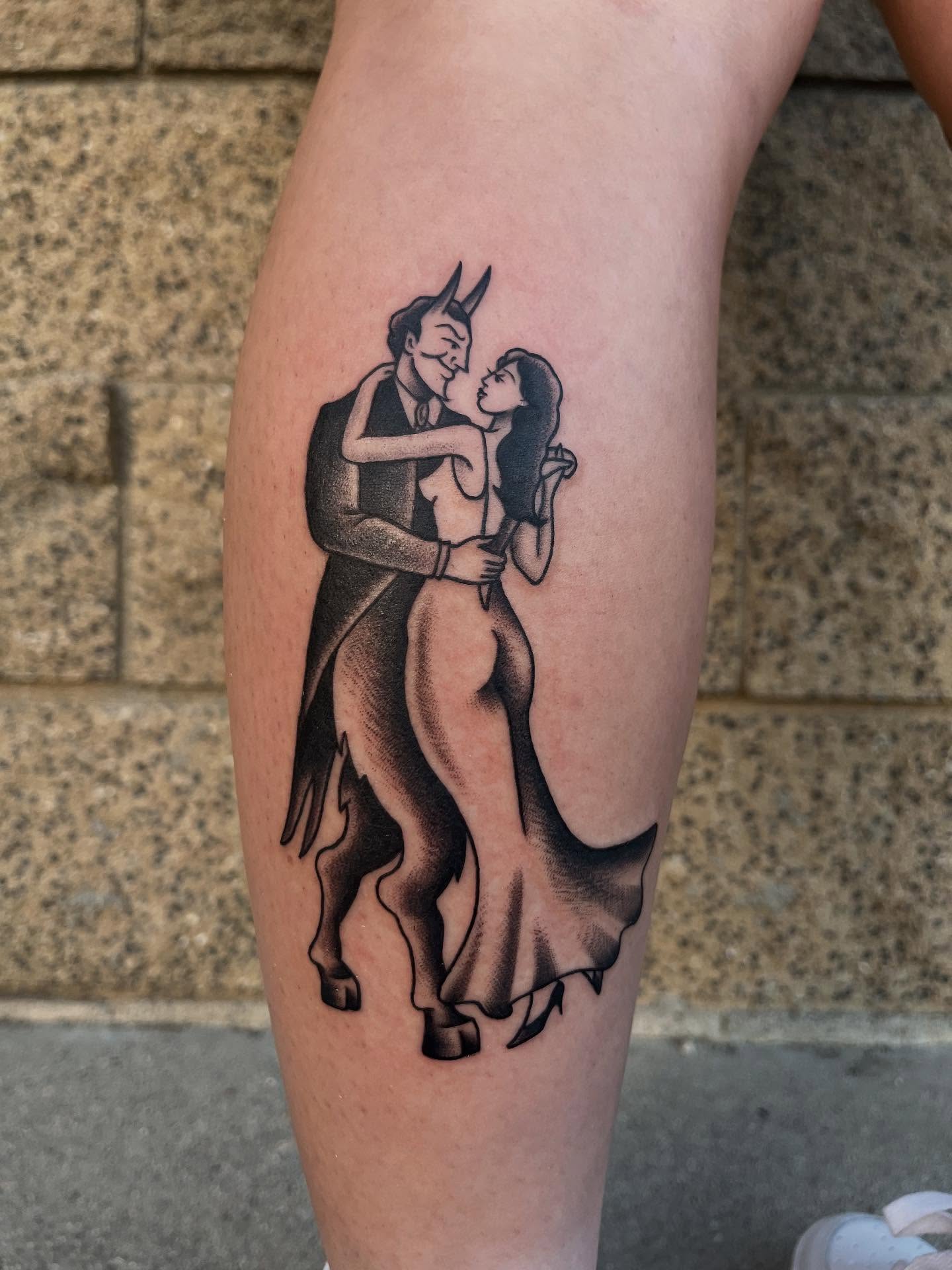 Demon and woman black and grey tattoo on the thigh by Ana Valadez π¦, Ventura, California