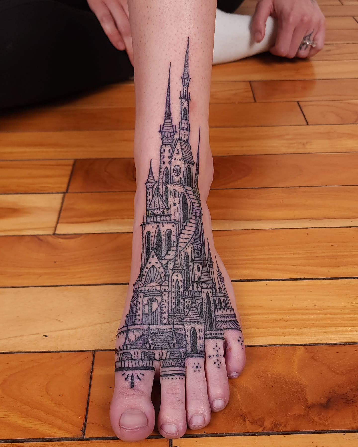 Castle black and grey tattoo on the foot by ๐ฏ๐๐๐๐ ๐ท๐๐๐๐