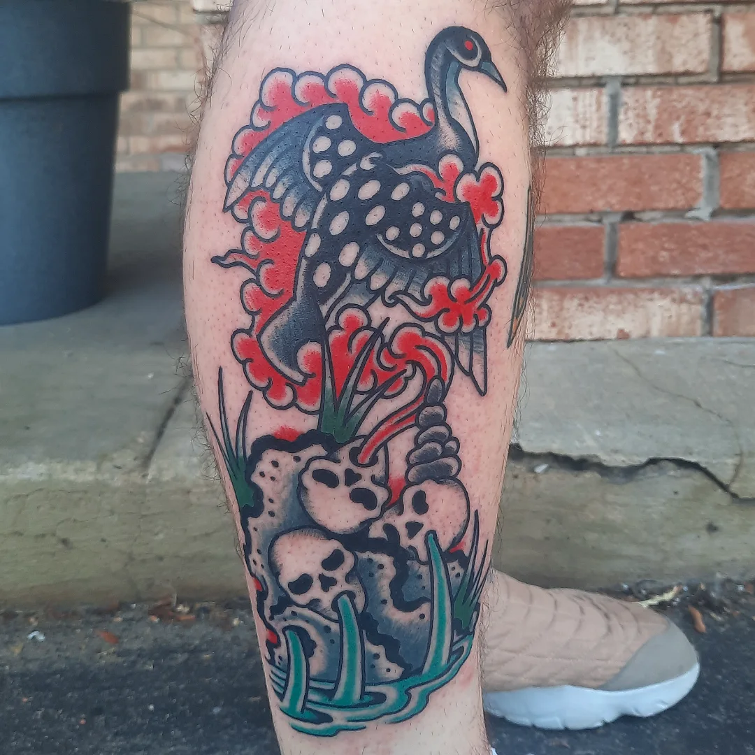Peacock and skulls dotwork tattoo on the calf by Kaetlyn