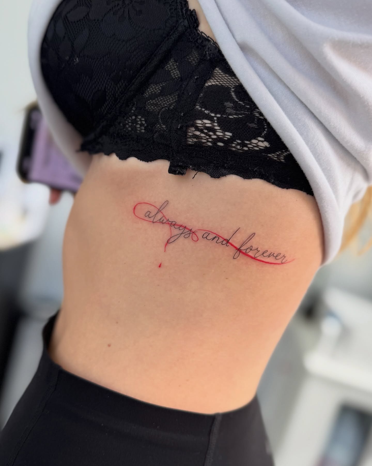 Always and forever lettering script tattoo on the ribs by Daniel Montoya, Charlotte, North Carolina