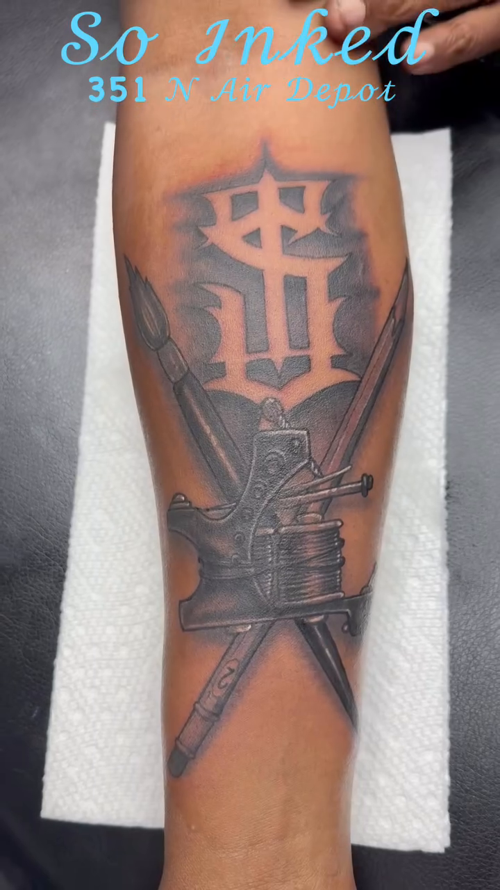 Dollar sign with swords realism tattoo by Germaine Sherman