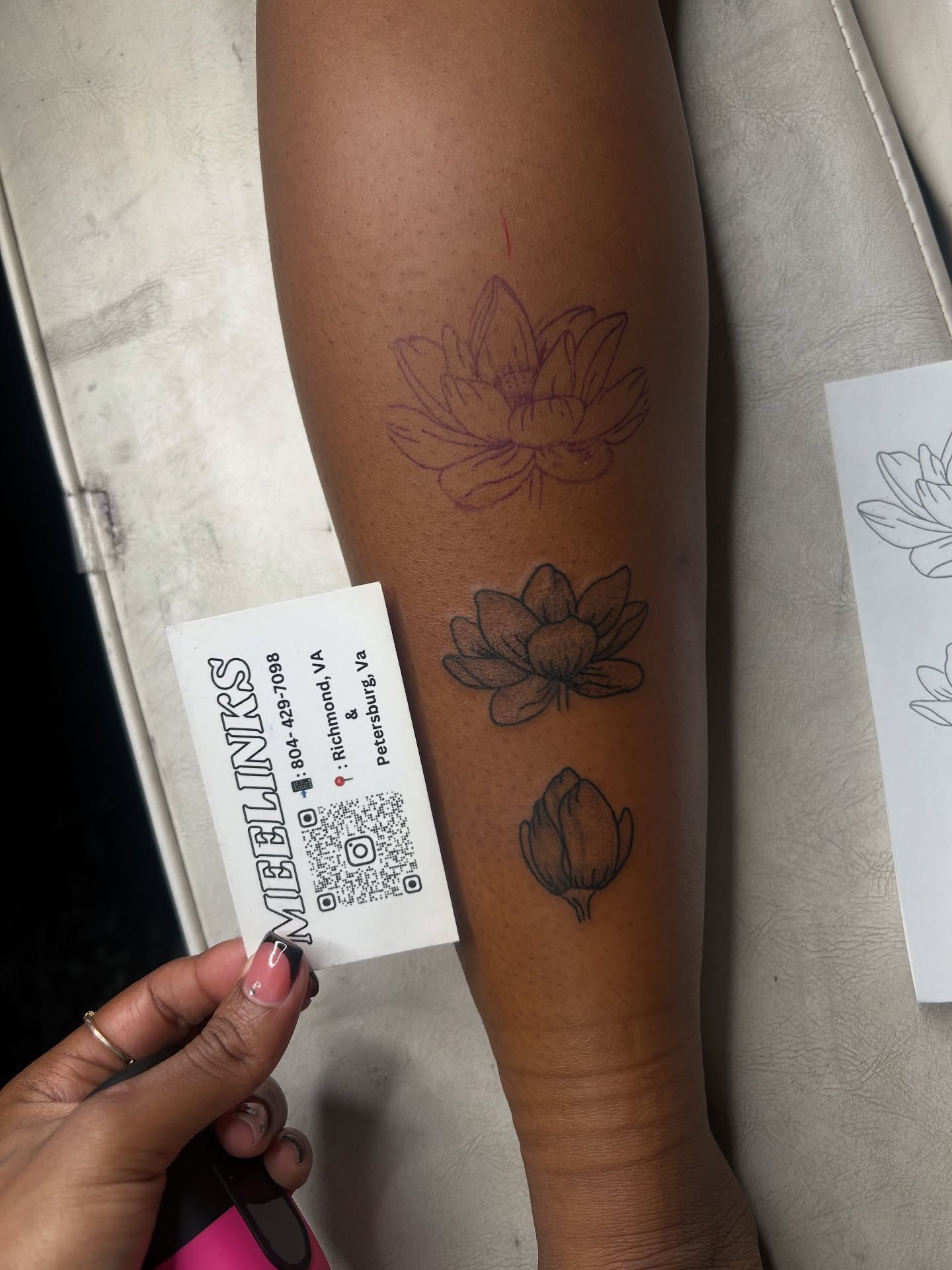 Lotus flower black and grey tattoo on the forearm by Meela Inks ๐, Richmond, Virginia