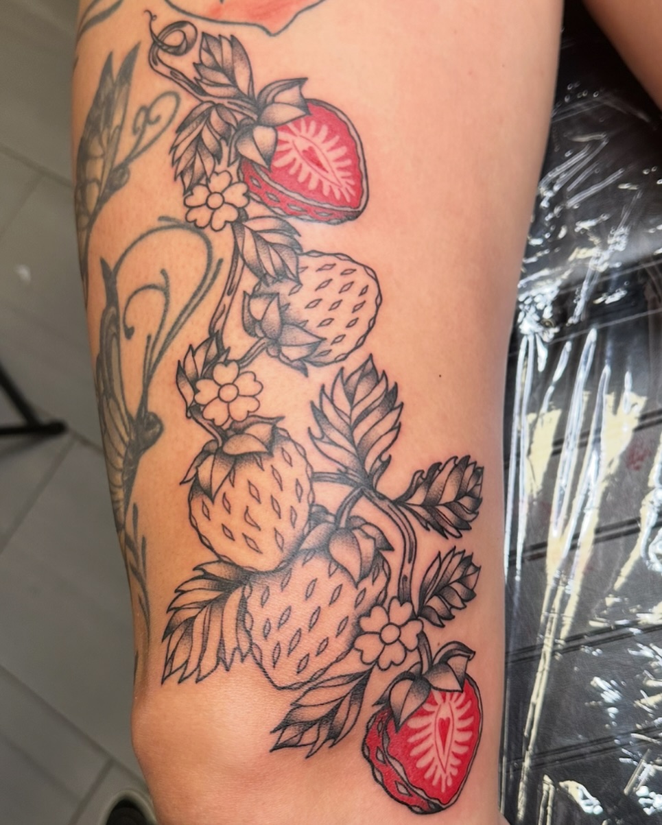 Strawberries black and grey tattoo on the forearm by Ash Nicole Painterly, San Diego, California