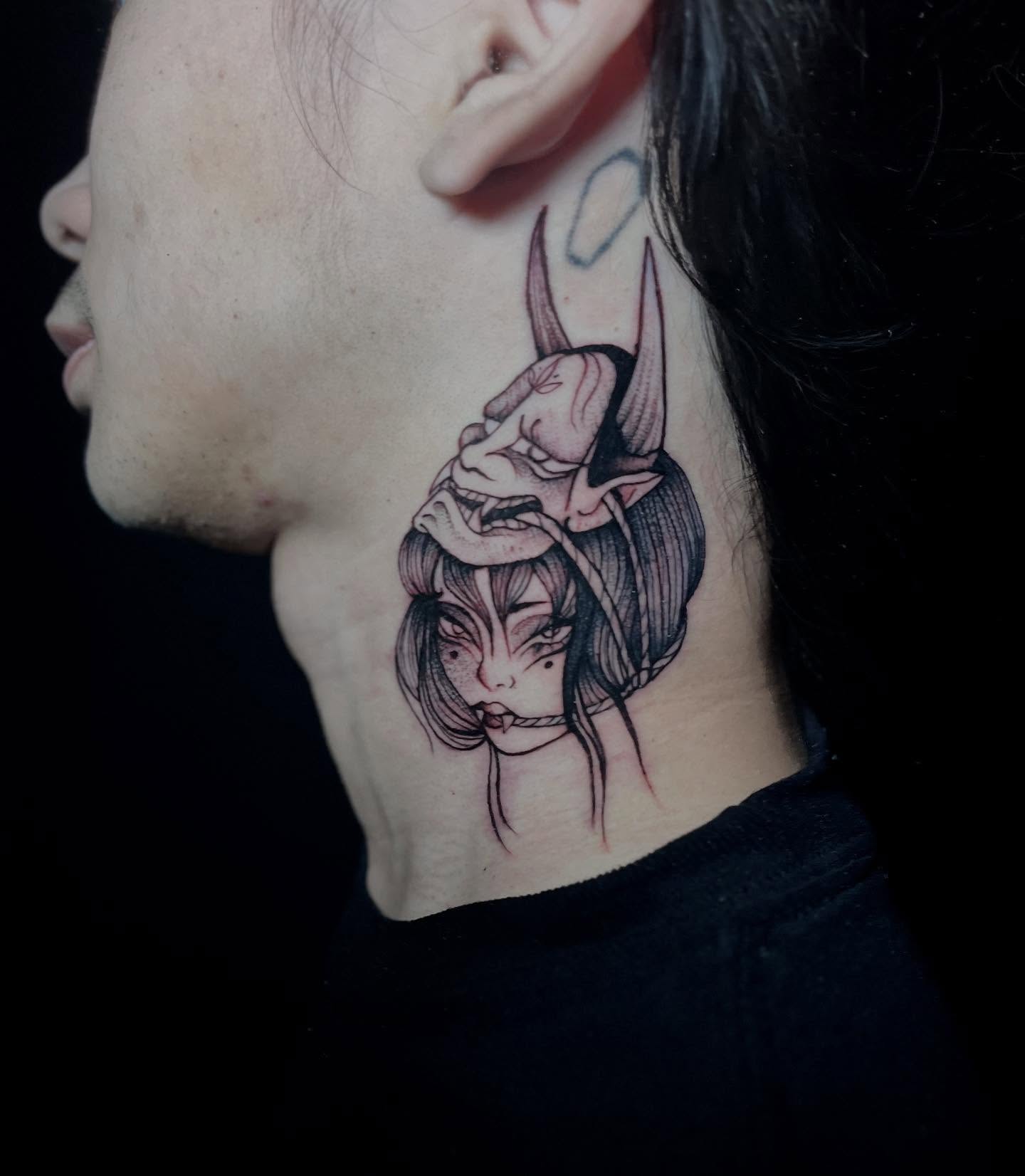 Demon and woman realism tattoo on the neck by Sasha “Sashimi” Shabasov