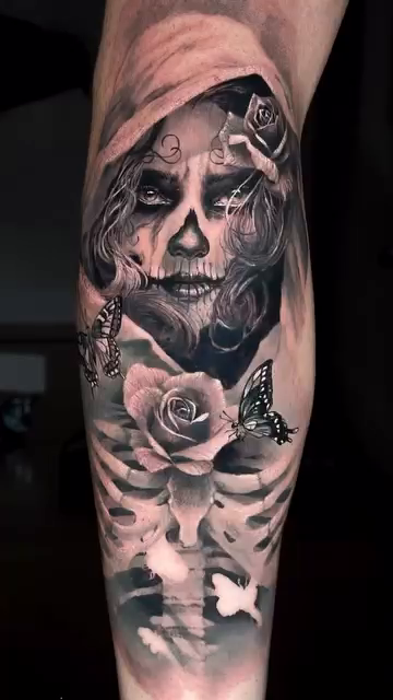 Woman and roses realism tattoo by Brian Ulibarri