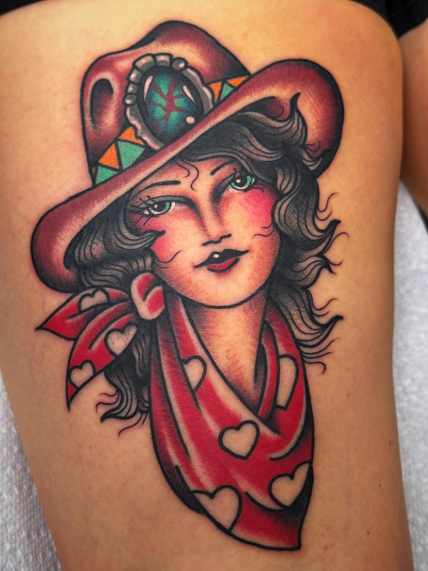 Flapper girl American traditional tattoo on the thigh by Mikey Sarratt