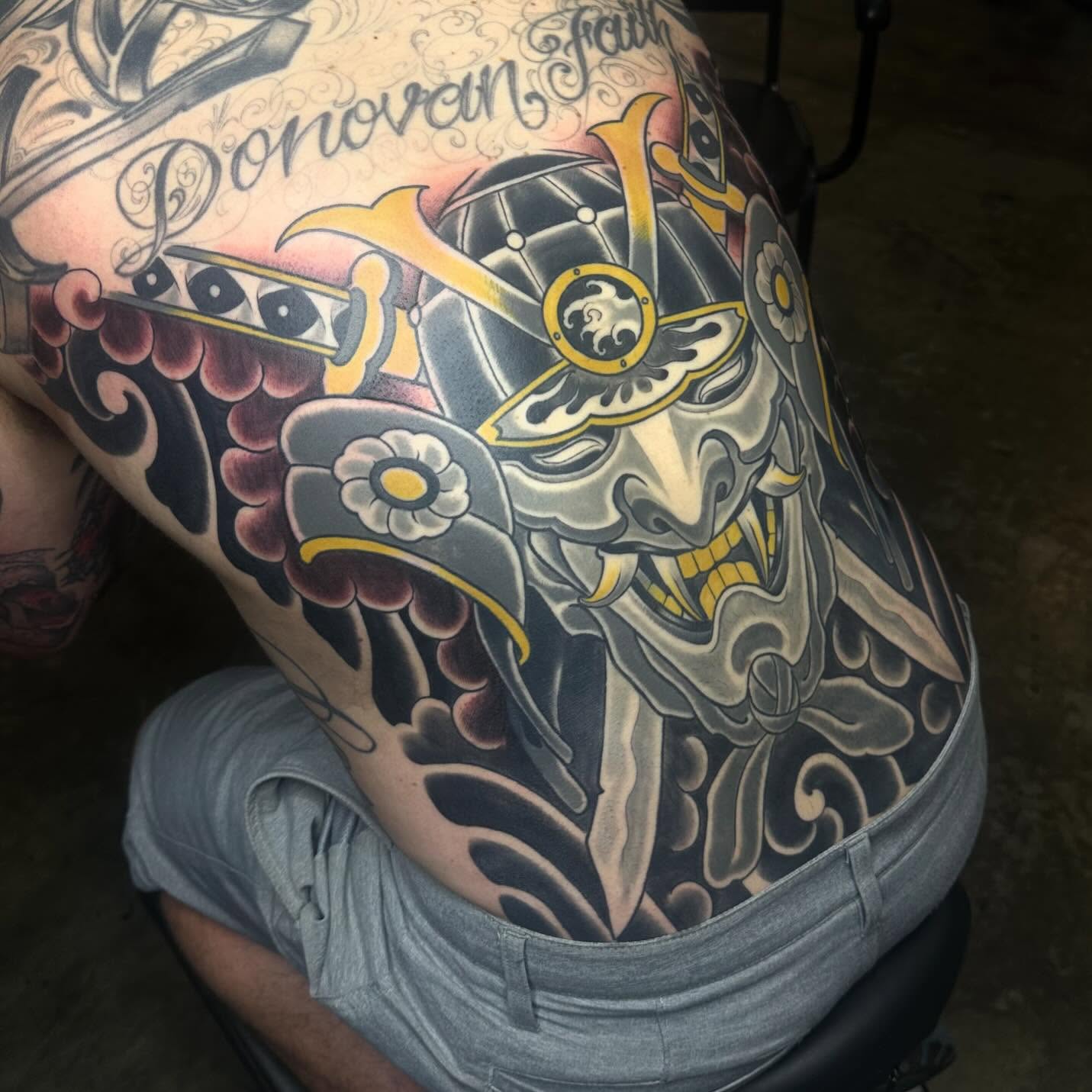 Japanese mask japanese irezumi tattoo on the thigh by Tony Medellin 7X9X