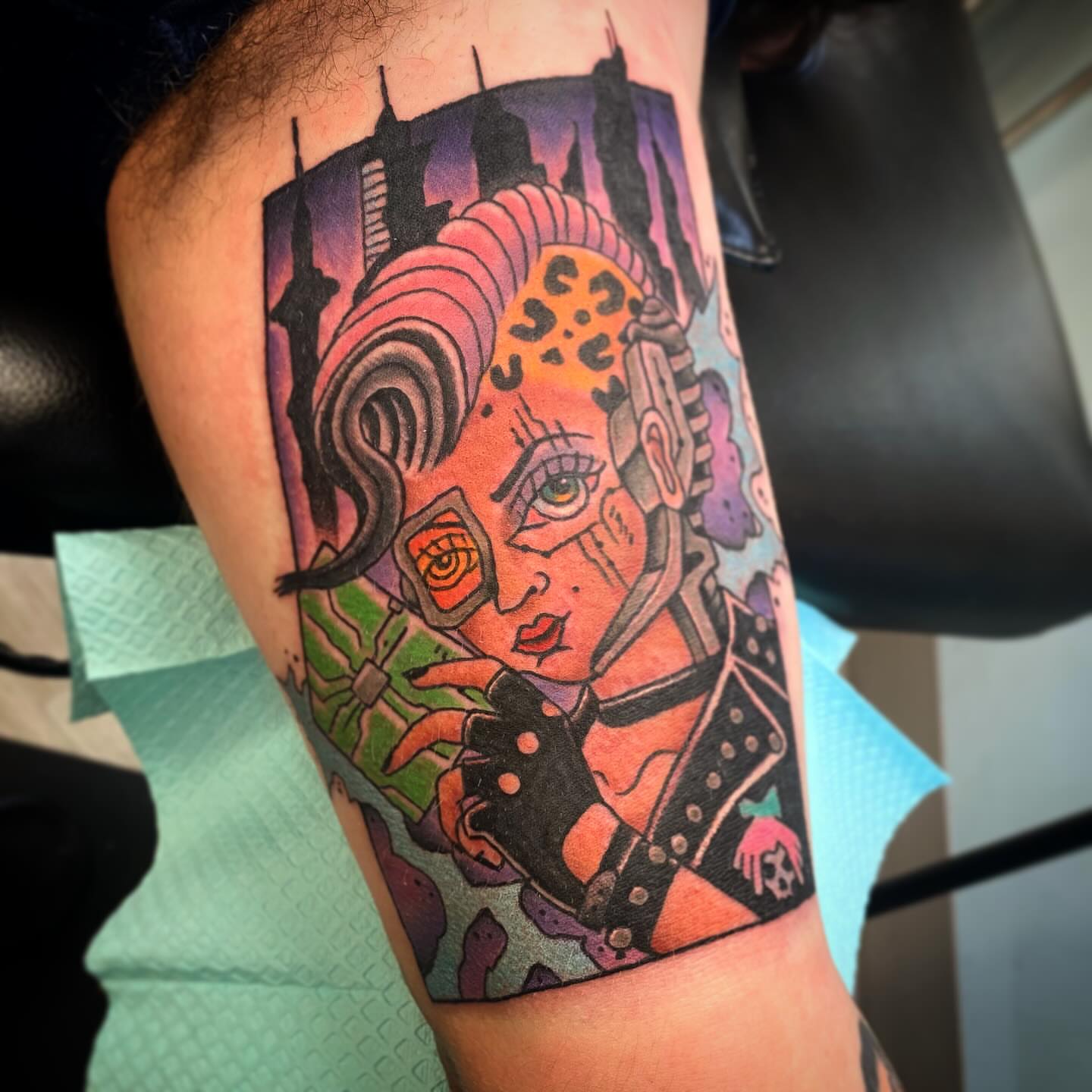 Cyborg woman new school tattoo on the thigh by Kyle Mitchell, Cincinnati