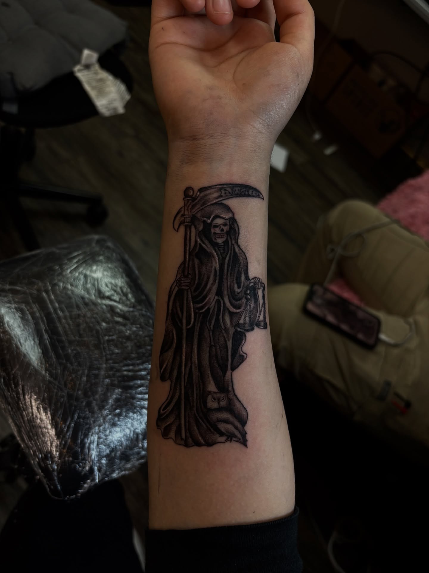 Grim reaper black and grey tattoo on the forearm by Bri Tatted That