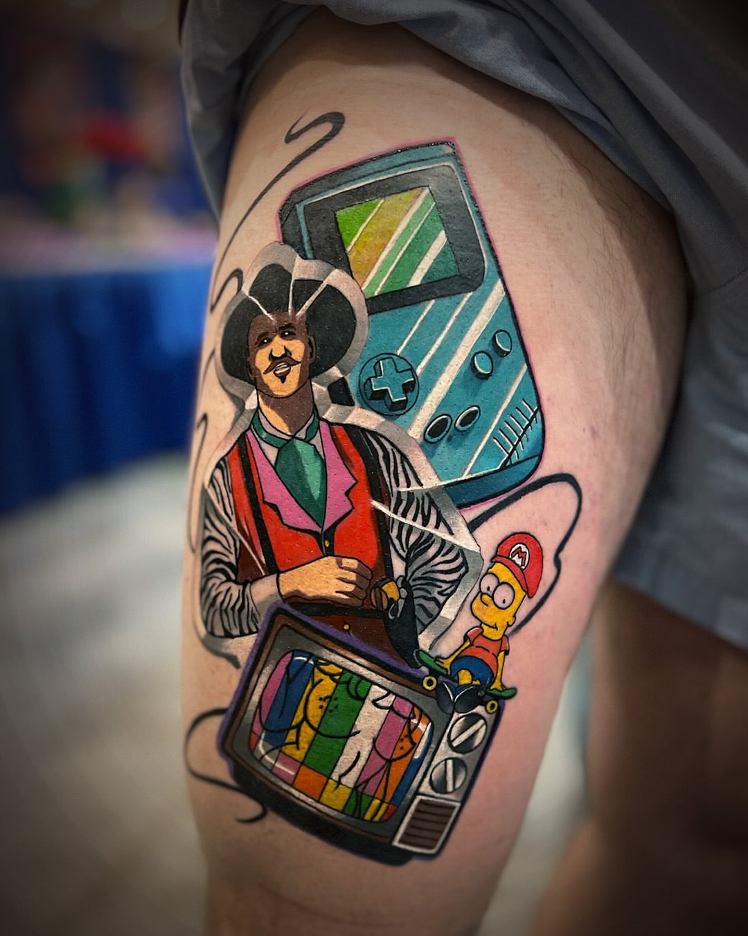 Video game character realism tattoo on the thigh by Randy Templin Tattoo Artist, Virginia Beach, Virginia