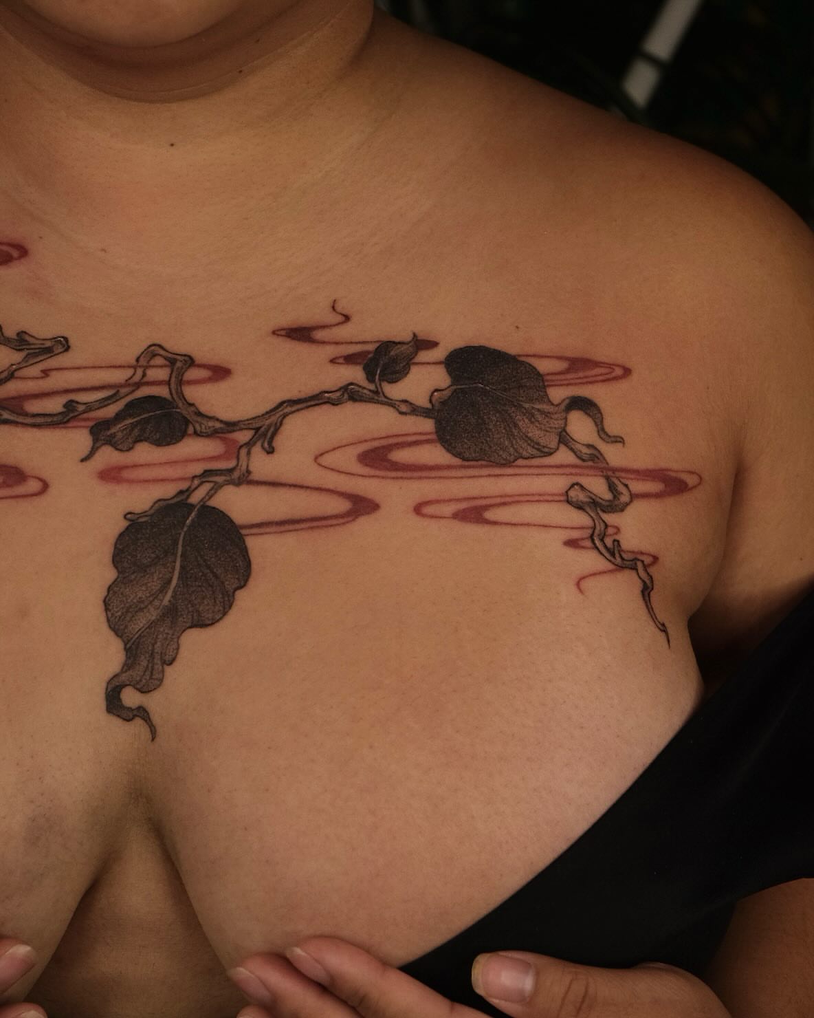 Branch with leaves black and grey tattoo on the chest by misa (mi isabelle) β€οΈβπ₯π