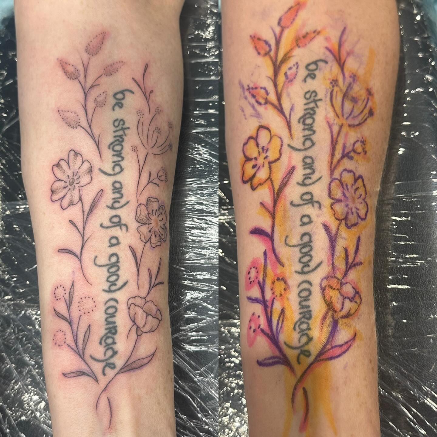 Floral arrangement with inspirational quote watercolor tattoo on the forearm by Halle Haas