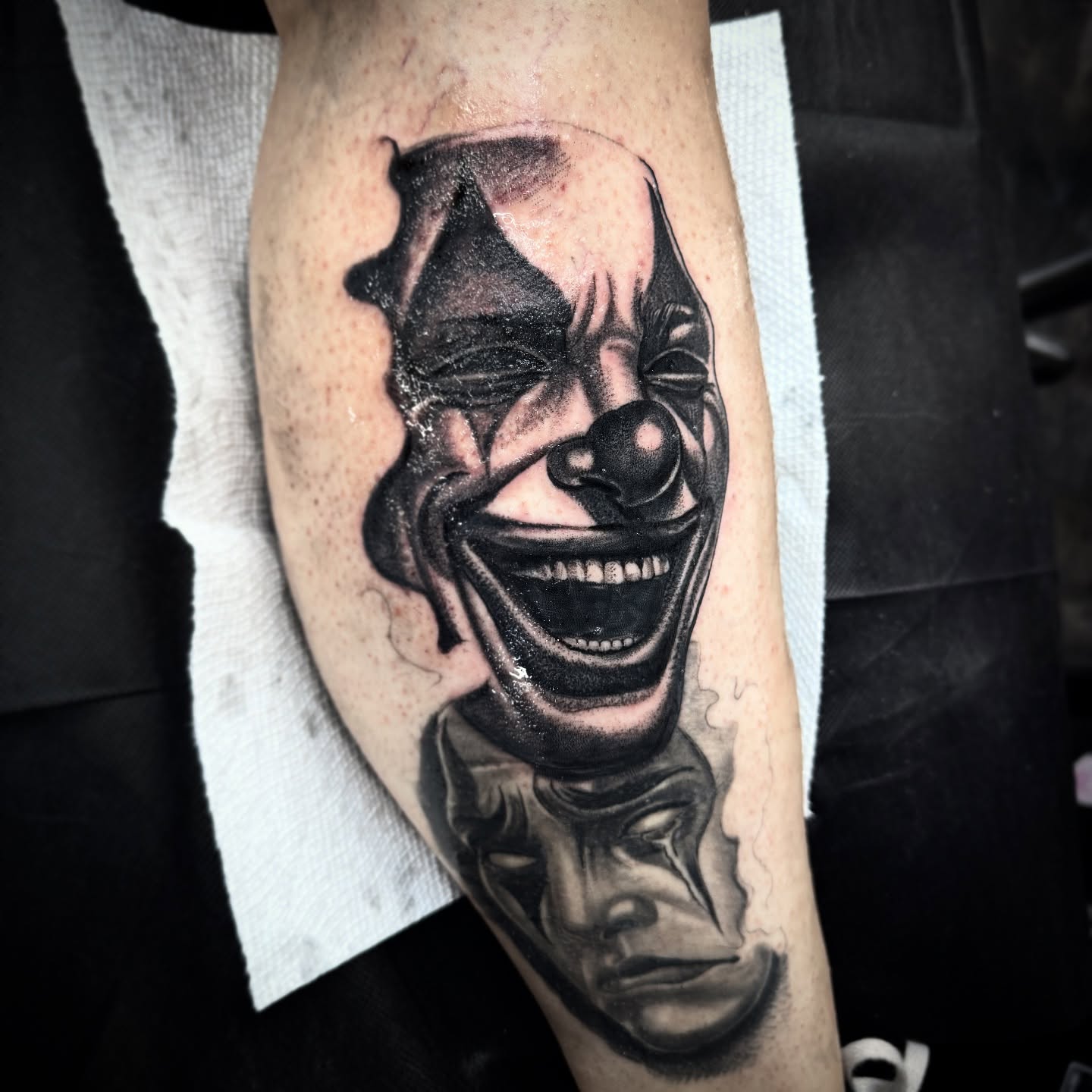 Clown face realism tattoo on the forearm by ♟️SouthEastLA♟️