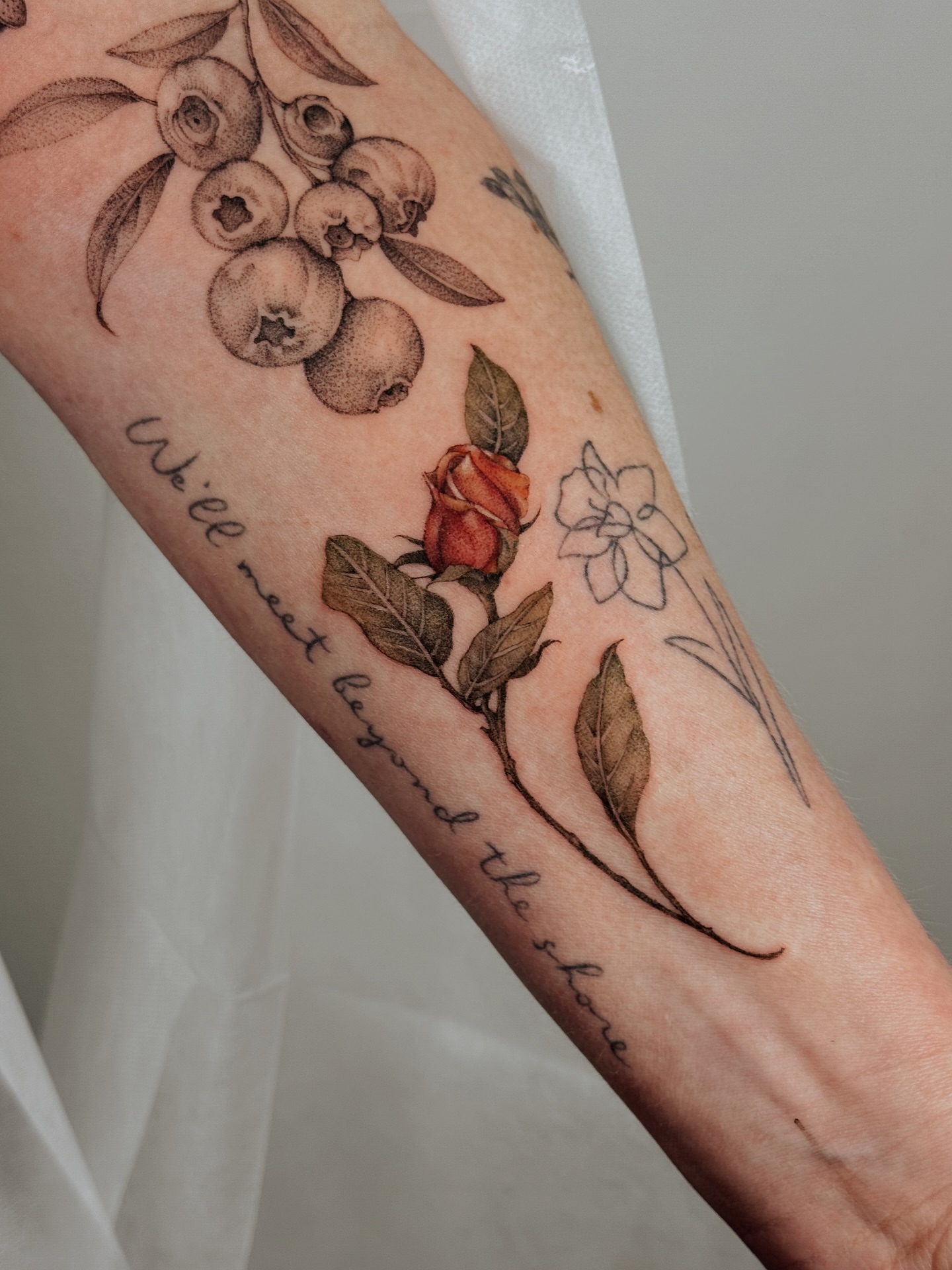 Blueberries, rose, jasmine, quote black and grey tattoo on the forearm by Andrea Evangelista