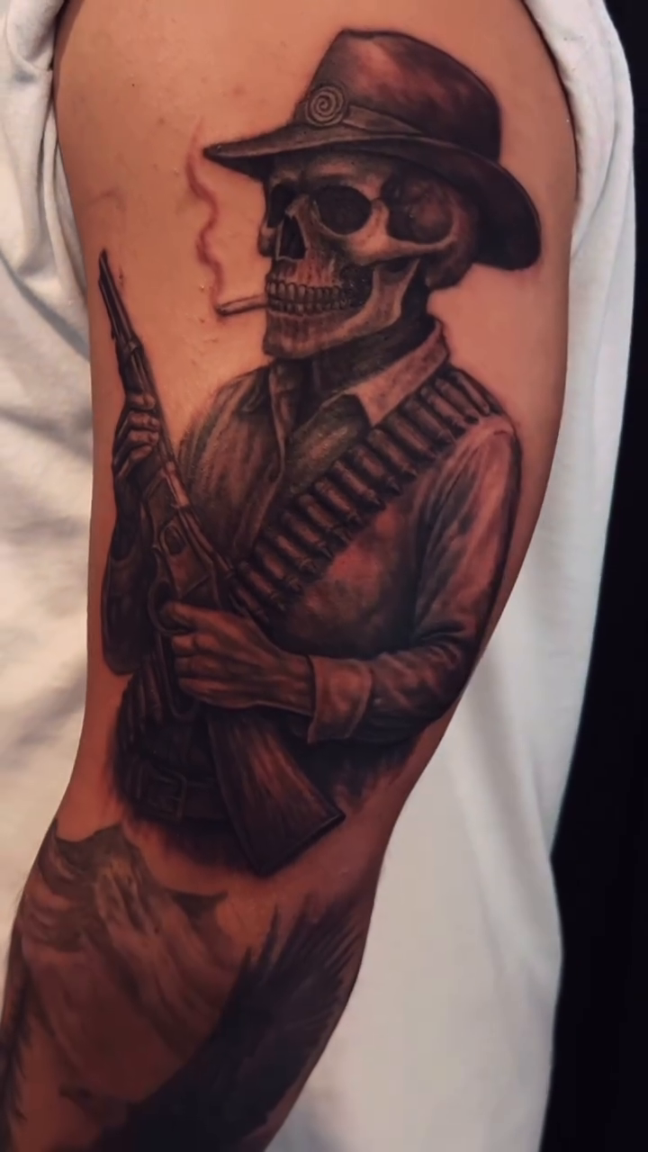 Cowboy skeleton smoking realism tattoo by ArteDeCecil