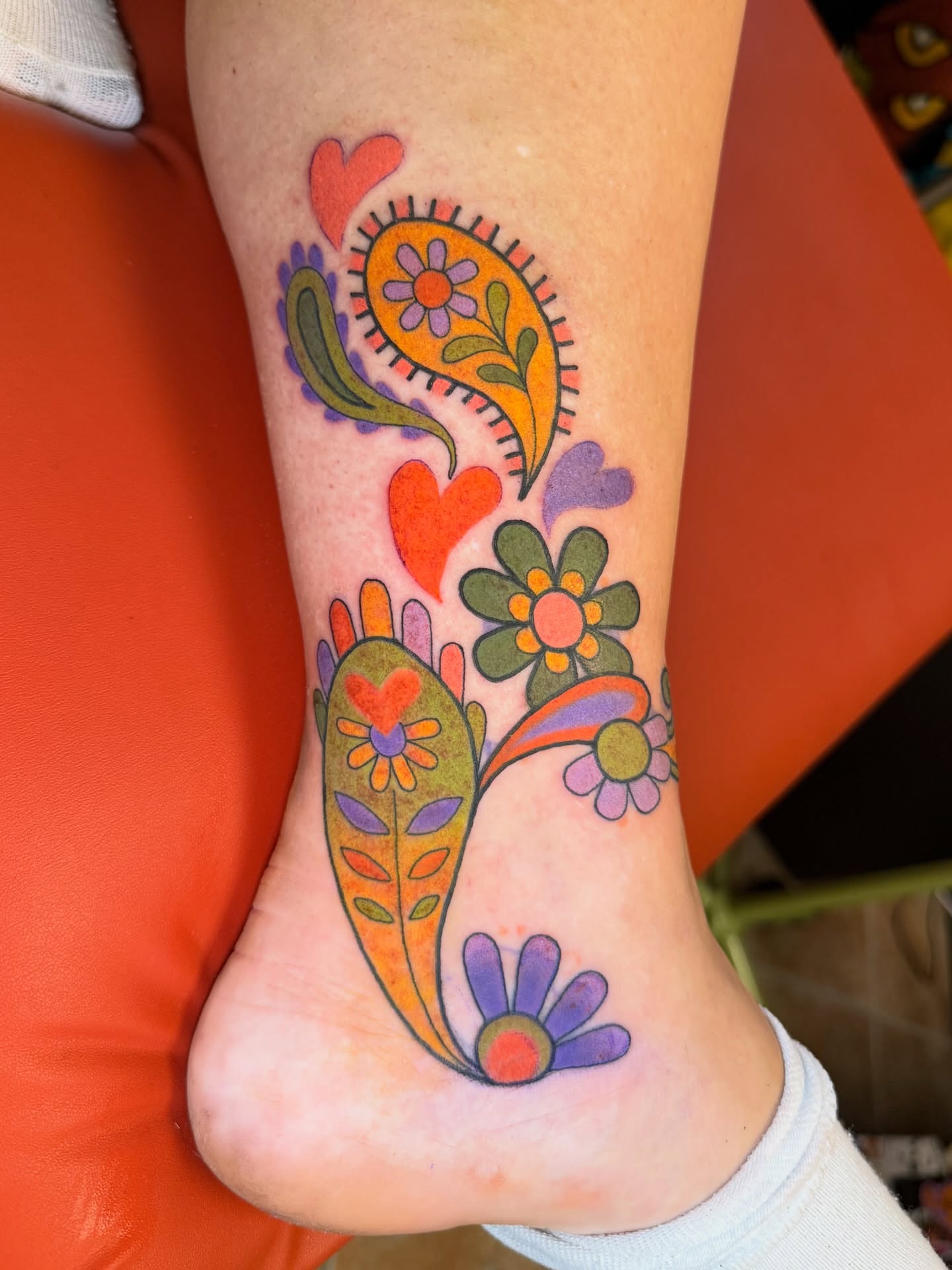 Floral paisley new school tattoo on the foot by 🍄Annie Burkhard🍄, Indianapolis, Indiana